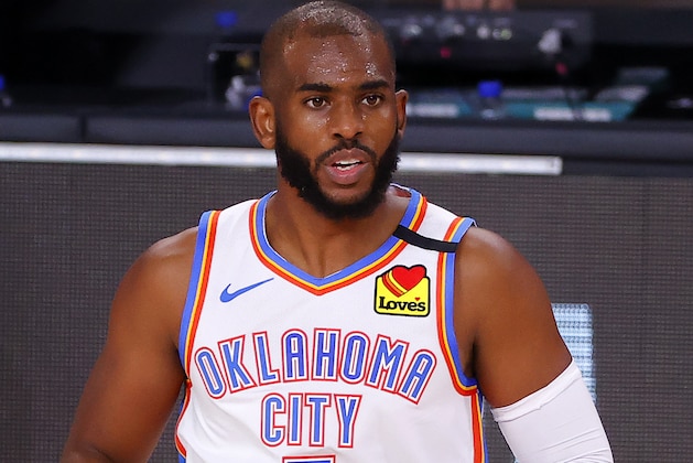 Oklahoma City Thunder's Chris Paul reacts to his 3-point basket during the second quarter against the Houston Rockets in Game 2 of an NBA basketball first-round playoff series, Thursday, Aug. 20, 2020, in Lake Buena Vista, Fla. (Kevin C. Cox/Pool Photo via AP)