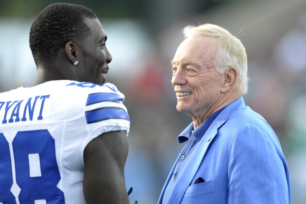 Dallas Cowboys owner Jerry Jones talks to wide receiver Dez Bryant (88) at the Pro Football Hall of Fame exhibition NFL football game between the Cowboys and the Miami Dolphins Sunday, Aug. 4, 2013, in Canton, Ohio. The Cowboys defeated the Dolphins, 24-20. (AP Photo/David Richard)