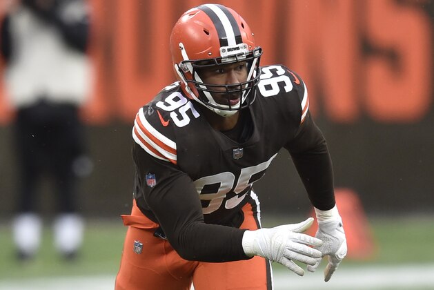 Cleveland Browns defensive end Myles Garrett (95) rushes the quarterback during an NFL football game against the Las Vegas Raiders, Sunday, Nov. 1, 2020, in Cleveland. The Raiders won 16-6. (AP Photo/David Richard)