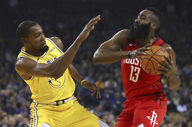 Golden State Warriors' Kevin Durant, left, defends against Houston Rockets' James Harden during the first half of an NBA basketball game Thursday, Jan. 3, 2019, in Oakland, Calif. (AP Photo/Ben Margot) Golden State Warriors' Kevin Durant, left, defends against Houston Rockets' James Harden during the first half of an NBA basketball game Thursday, Jan. 3, 2019, in Oakland, Calif. (AP Photo/Ben Margot)