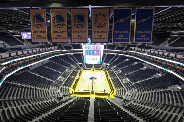FILE - In this Aug. 26, 2019, file photo, the Golden State Warriors championship banners hang above the seating and basketball court at the Chase Center in San Francisco. Officials have banned large gatherings and events in the Seattle metro area and in San Francisco to try to stop the spread of the new coronavirus. Wednesday, the San Francisco mayor banned gatherings of 1,000 or more people, including Golden State Warriors games. For most people, the new coronavirus causes only mild or moderate symptoms. For some it can cause more severe illness, especially in older adults and people with existing health problems.(AP Photo/Eric Risberg, File)