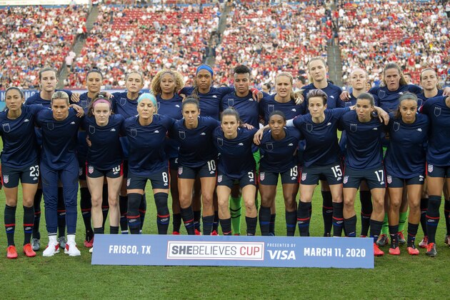 The United States Women's National Team poses for a team photo before a SheBelieves Cup women's soccer match against Japan, Wednesday, March 11, 2020 at Toyota Stadium in Frisco, Texas. (AP Photo/Jeffrey McWhorter)