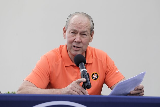 Houston Astros owner Jim Crane speaks during a news conference before the start of the first official spring training baseball practice for the team Thursday, Feb. 13, 2020, in West Palm Beach, Fla. (AP Photo/Jeff Roberson) ;