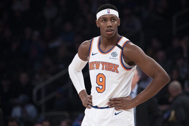 New York Knicks guard RJ Barrett reacts in the first half of an NBA basketball game against the Oklahoma City Thunder, Friday, March 6, 2020, at Madison Square Garden in New York. (AP Photo/Mary Altaffer)