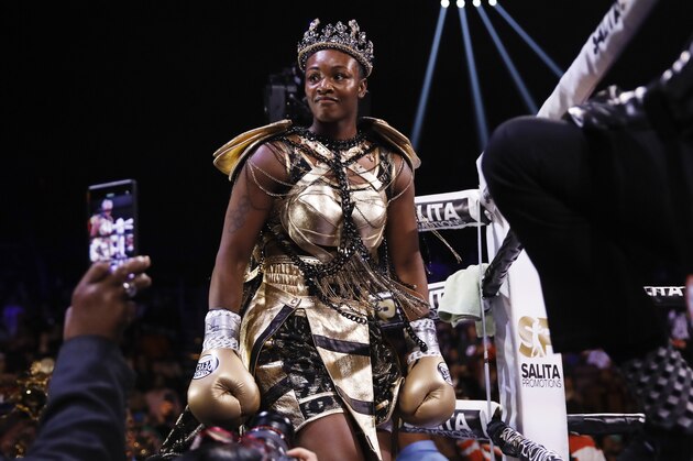 Claressa Shields arrives for her boxing bout against Ivana Habazin for the women's 154-pound title in Atlantic City, N.J., Friday, Jan. 10, 2020. (AP Photo/Matt Rourke)