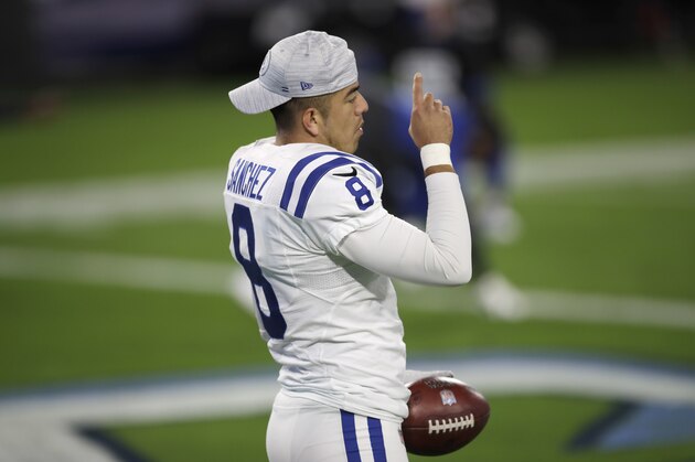 Indianapolis Colts punter Rigoberto Sanchez (8) warms up before an NFL football game against the Tennessee Titans Thursday, Nov. 12, 2020, in Nashville, Tenn. (AP Photo/Ben Margot)