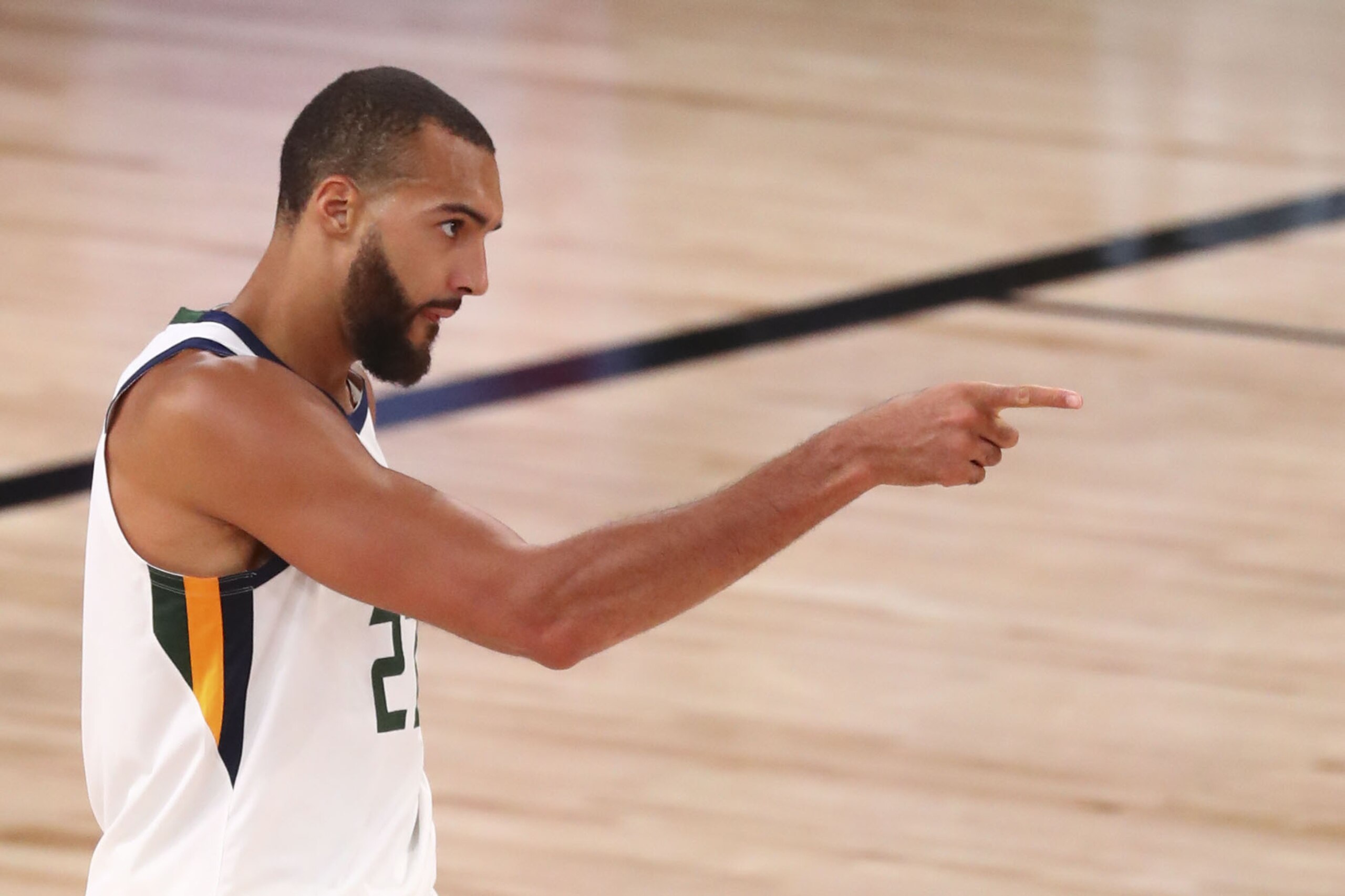 Utah Jazz center Rudy Gobert (27) celebrates after being fouled while making a basket against the Denver Nuggets in Game 2 of an NBA basketball first-round playoff series, Wednesday, Aug. 19, 2020, in Lake Buena Vista, Fla. (Kim Klement/Pool Photo via AP) Utah Jazz center Rudy Gobert (27) celebrates after being fouled while making a basket against the Denver Nuggets in Game 2 of an NBA basketball first-round playoff series, Wednesday, Aug. 19, 2020, in Lake Buena Vista, Fla. (Kim Klement/Pool Photo via AP)