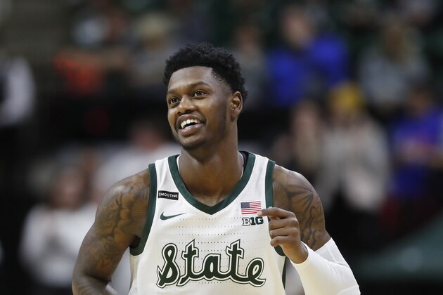 Michigan State guard Rocket Watts runs up court during the second half of an NCAA college basketball game, Wednesday, Jan. 29, 2020, in East Lansing, Mich. (AP Photo/Carlos Osorio)