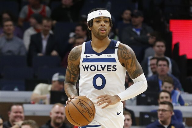 Minnesota Timberwolves' D'Angelo Russell plays against the Chicago Bulls in an NBA basketball game Wednesday, March 4, 2020 in Minneapolis. (AP Photo/Jim Mone)