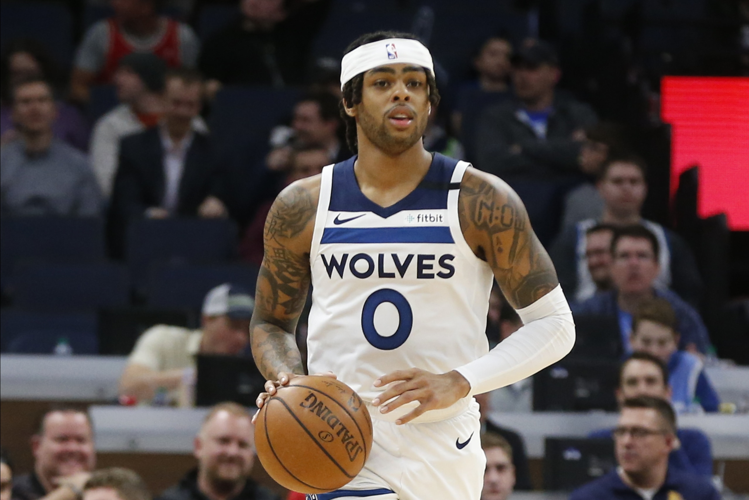Minnesota Timberwolves' D'Angelo Russell plays against the Chicago Bulls in an NBA basketball game Wednesday, March 4, 2020 in Minneapolis. (AP Photo/Jim Mone)