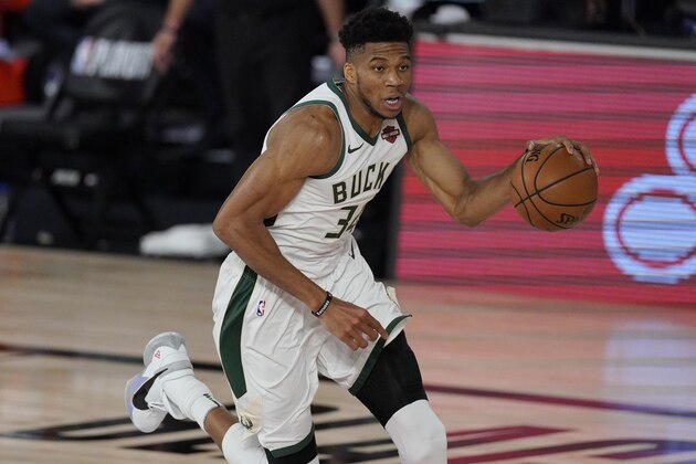 Milwaukee Bucks' Giannis Antetokounmpo (34) in the second half of an NBA conference semifinal playoff basketball game against the Miami Heat Friday, Sept. 4, 2020, in Lake Buena Vista, Fla. (AP Photo/Mark J. Terrill) Milwaukee Bucks' Giannis Antetokounmpo (34) in the second half of an NBA conference semifinal playoff basketball game against the Miami Heat Friday, Sept. 4, 2020, in Lake Buena Vista, Fla. (AP Photo/Mark J. Terrill)