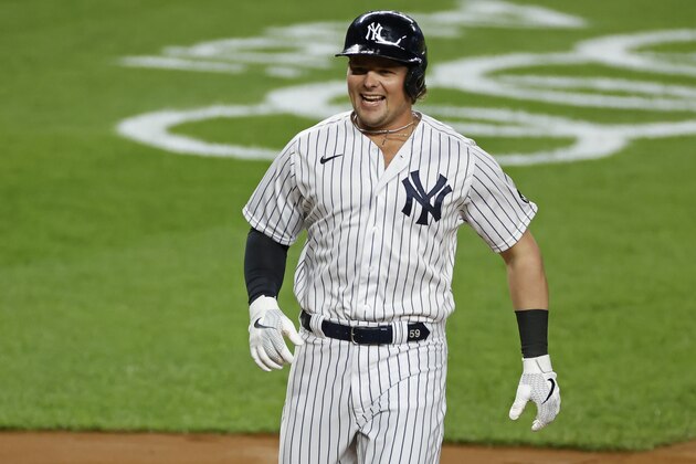 New York Yankees' Luke Voit celebrates hitting a three-run home run during the second inning of a baseball game against the Toronto Blue Jays on Tuesday, Sept. 15, 2020, in New York. (AP Photo/Adam Hunger)