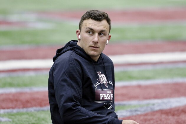 Former Cleveland Browns quarterback Johnny Manziel between drills at his alma mater during Texas A&M's football Pro Day in College Station, Texas, Tuesday, March 27, 2018. (AP Photo/Michael Wyke)