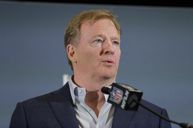 FILE - In this Feb. 3, 2020 file photo NFL Commissioner Roger Goodell speaks during a news conference in Miami. The NFL has set protocols for reopening team facilities and has told the 32 teams to have them in place by May 15. In a memo sent by Goodell and obtained Wednesday, May 6, 2020 by The Associated Press, several phases of the protocols were laid out. The first phase would involve a limited number of non-player personnel, initially 50 percent of the non-player employees (up to a total of 75) on any single day, being approved to be at the facility. But state or local regulations could require a lower number. (AP Photo/Brynn Anderson, file) FILE - In this Feb. 3, 2020 file photo NFL Commissioner Roger Goodell speaks during a news conference in Miami. The NFL has set protocols for reopening team facilities and has told the 32 teams to have them in place by May 15. In a memo sent by Goodell and obtained Wednesday, May 6, 2020 by The Associated Press, several phases of the protocols were laid out. The first phase would involve a limited number of non-player personnel, initially 50 percent of the non-player employees (up to a total of 75) on any single day, being approved to be at the facility. But state or local regulations could require a lower number. (AP Photo/Brynn Anderson, file)