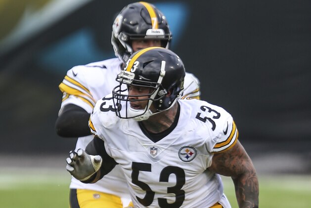 Pittsburgh Steelers center Maurkice Pouncey (53) during the first half of an NFL football game against the Jacksonville Jaguars, Sunday, Nov. 22, 2020, in Jacksonville, Fla. (AP Photo/Gary McCullough)