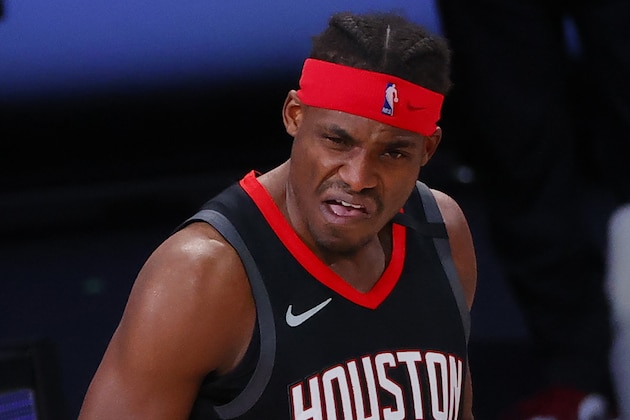Houston Rockets' Danuel House Jr. reacts after being called for a foul during the first quarter of Game 4 of an NBA basketball first-round playoff series against the Oklahoma City Thunder, Monday, Aug. 24, 2020, in Lake Buena Vista, Fla. (Kevin C. Cox/Pool Photo via AP)