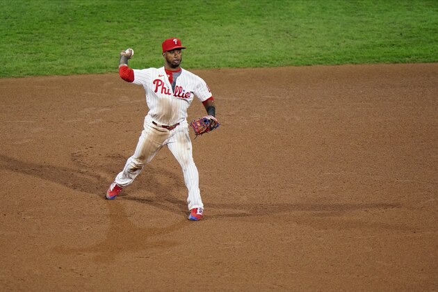 Philadelphia Phillies' Jean Segura plays during a baseball game against the New York Mets, Wednesday, Sept. 16, 2020, in Philadelphia. (AP Photo/Matt Slocum)