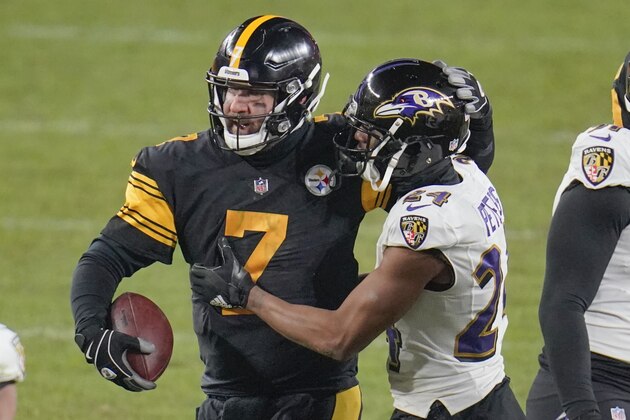 Pittsburgh Steelers quarterback Ben Roethlisberger (7) greets Baltimore Ravens cornerback Marcus Peters (24) after an NFL football game Wednesday, Dec 2, 2020, in Pittsburgh. The Steelers won 19-14. (AP Photo/Gene J. Puskar)