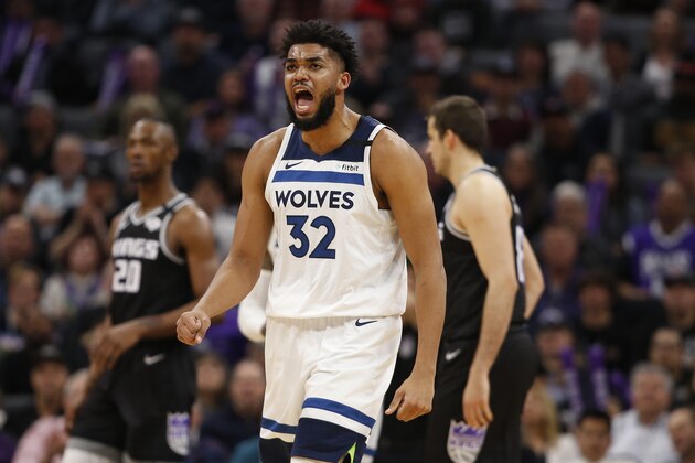 Minnesota Timberwolves center Karl-Anthony Towns shouts after not getting a foul call during the second half of an NBA basketball game against the Sacramento Kings in Sacramento, Calif., Monday, Feb. 3, 2020. The Kings won 113-109. (AP Photo/Rich Pedroncelli)