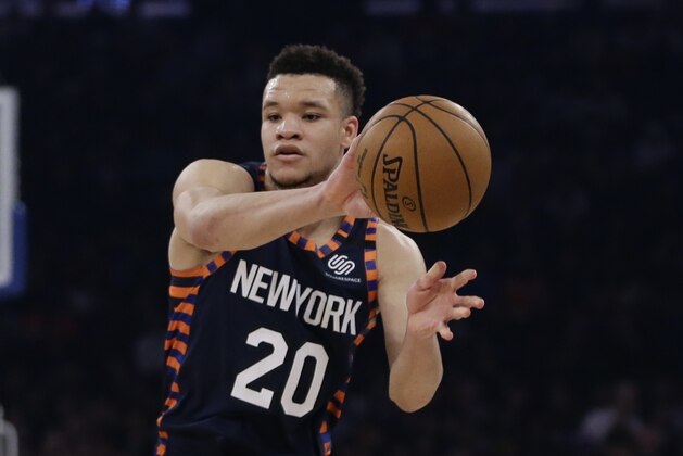 New York Knicks' Kevin Knox II (20) during the first half of an NBA basketball game against the Memphis Grizzlies Wednesday, Jan. 29, 2020, in New York. (AP Photo/Frank Franklin II)