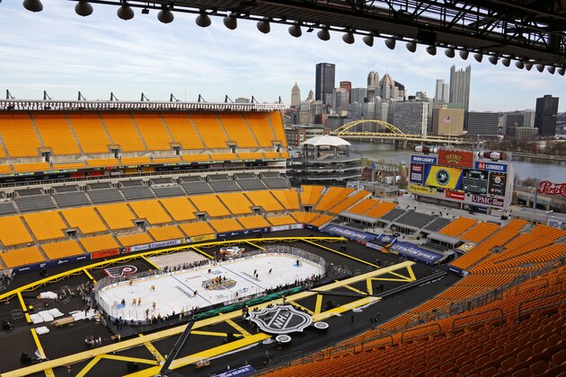 The Pittsburgh Penguins hold a team hockey practice at Heinz Field, Friday, Feb. 24, 2017, in Pittsburgh. The Penguins are preparing to face the Philadelphia Flyers in an outdoor hockey game Saturday. (AP Photo/Gene J. Puskar)