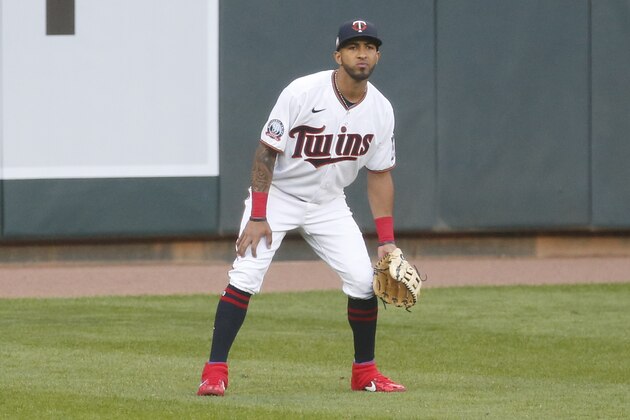 Minnesota Twins left fielder Eddie Rosariovplays against the Milwaukee Brewers in a baseball game Tuesday, Aug. 18, 2020, in Minneapolis. (AP Photo/Jim Mone)