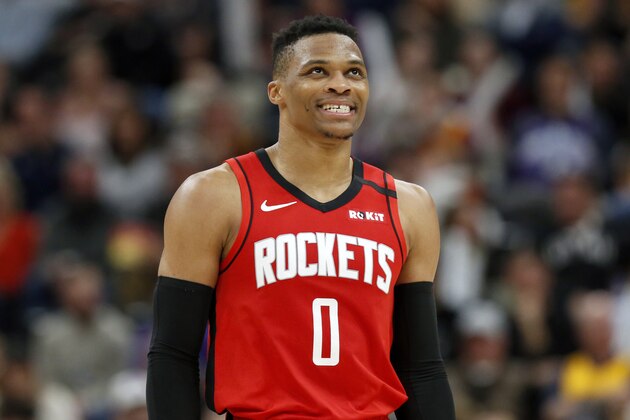 Houston Rockets' Russell Westbrook during an NBA basketball game against the Utah Jazz on Saturday, Feb. 22, 2020, in Salt Lake City. The Houston Rockets defeated the Utah Jazz 120-110. (AP Photo/Kim Raff)