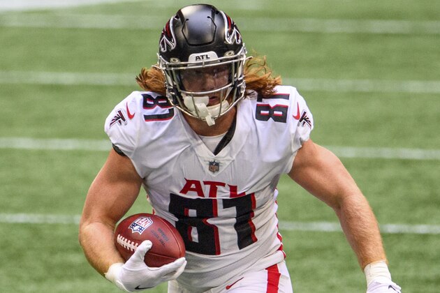 Atlanta Falcons tight end Hayden Hurst (81) works during the first half of an NFL football game against the Denver Broncos, Sunday, Nov. 8, 2020, in Atlanta. The Atlanta Falcons won 34-27. (AP Photo/Danny Karnik)