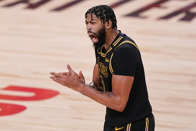 Los Angeles Lakers forward Anthony Davis celebrated during the second half in Game 5 of basketball's NBA Finals against the Miami Heat Friday, Oct. 9, 2020, in Lake Buena Vista, Fla. (AP Photo/Mark J. Terrill) Los Angeles Lakers forward Anthony Davis celebrated during the second half in Game 5 of basketball's NBA Finals against the Miami Heat Friday, Oct. 9, 2020, in Lake Buena Vista, Fla. (AP Photo/Mark J. Terrill)