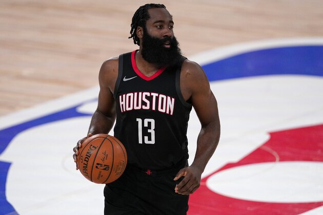 Houston Rockets' James Harden (13) walks the ball up court during the second half of an NBA first-round playoff basketball game against the Oklahoma City Thunder in Lake Buena Vista, Fla., Wednesday, Sept. 2, 2020. (AP Photo/Mark J. Terrill) Houston Rockets' James Harden (13) walks the ball up court during the second half of an NBA first-round playoff basketball game against the Oklahoma City Thunder in Lake Buena Vista, Fla., Wednesday, Sept. 2, 2020. (AP Photo/Mark J. Terrill)