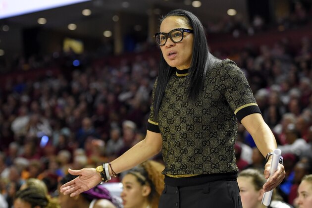 FILE - In this March 8, 2020, file photo, South Carolina head coach Dawn Staley reacts during a championship match against Mississippi State at the Southeastern Conference women's NCAA college basketball tournament in Greenville, S.C. South Carolina is ranked No. 1 in the women's NCAA college basketball poll released Tuesday, Nov. 10, 2020. (AP Photo/Richard Shiro, File)