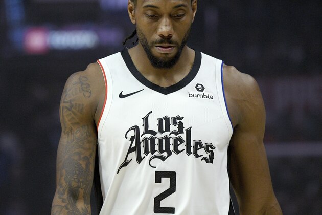 Los Angeles Clippers forward Kawhi Leonard wears the team's new city edition jerseys for the first time against the Houston Rockets during an NBA basketball game Friday, Nov. 22, 2019, in Los Angeles. The Clippers won 122-119. (AP Photo/Michael Owen Baker)