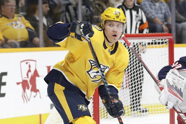 Nashville Predators center Mikael Granlund, of Finland, plays against the Columbus Blue Jackets in the second period of an NHL hockey game Saturday, Feb. 22, 2020, in Nashville, Tenn. (AP Photo/Mark Humphrey)