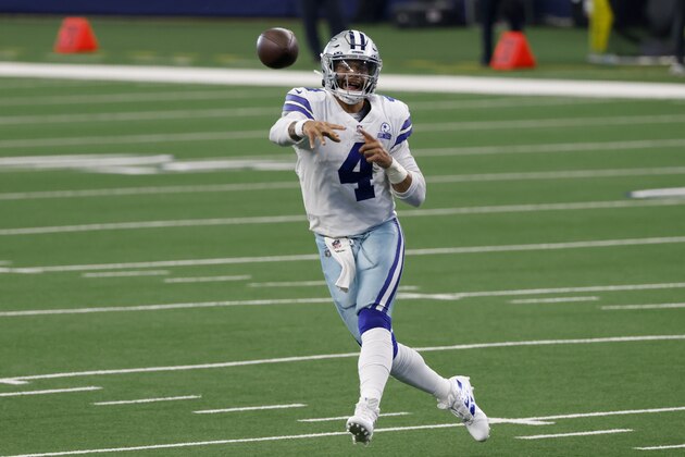 Dallas Cowboys quarterback Dak Prescott (4) throws a pass in the first half of an NFL football game against the New York Giants in Arlington, Texas, Sunday, Oct. 11, 2020. (AP Photo/Ron Jenkins)