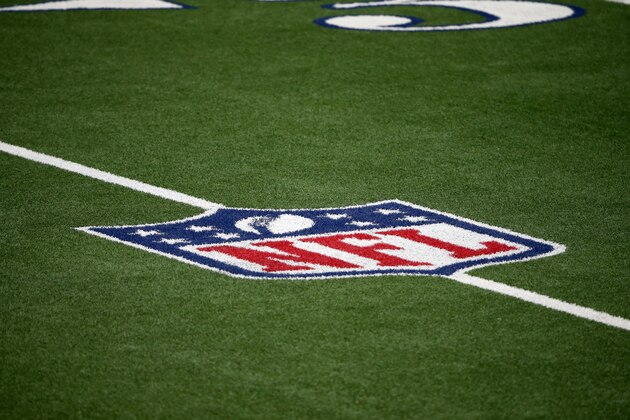 The NFL logo is shown on the field before an NFL football game between the Dallas Cowboys and the Pittsburgh Steelers in Arlington, Texas, Sunday, Nov. 8, 2020. (AP Photo/Michael Ainsworth)