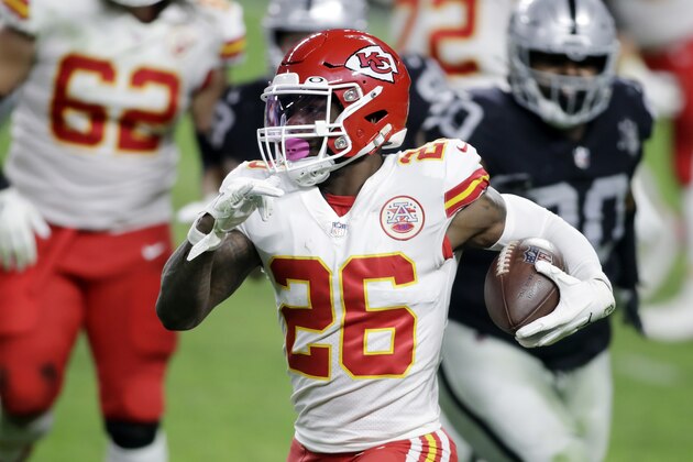 Kansas City Chiefs Le'Veon Bell carries the ball during an NFL football game against the Las Vegas Raiders, Sunday, Nov. 22, 2020, in Las Vegas. (AP Photo/Isaac Brekken)