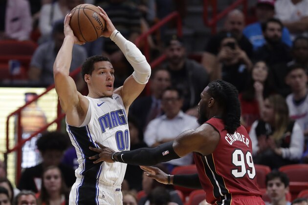 Orlando Magic forward Aaron Gordon (00) looks to pass the ball as Miami Heat forward Jae Crowder (99) defends during the first half of an NBA basketball game Wednesday, March 4, 2020, in Miami. (AP Photo/Wilfredo Lee)