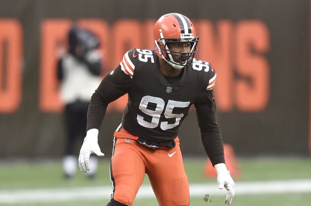 Cleveland Browns defensive end Myles Garrett rushes the quarterback during an NFL football game against the Las Vegas Raiders, Sunday, Nov. 1, 2020, in Cleveland. The Raiders won 16-6. (AP Photo/David Richard)