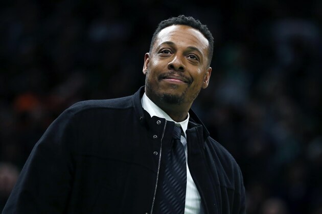 Former Boston Celtic Paul Pierce attends the NBA basketball game between the Celtics and the Houston Rockets in Boston, Saturday, Feb. 29, 2020. (AP Photo/Michael Dwyer)