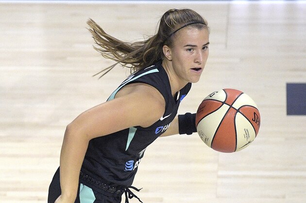 New York Liberty guard Sabrina Ionescu (20) pushes the ball up the court during the first half of a WNBA basketball game against the Seattle Storm, Saturday, July 25, 2020, in Bradenton, Fla. (AP Photo/Phelan M. Ebenhack)