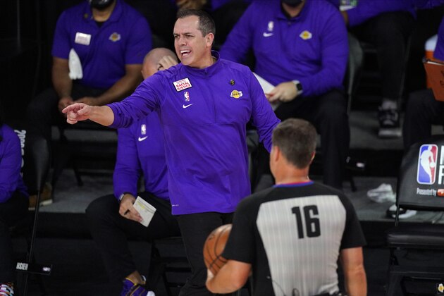 Los Angeles Lakers head coach Frank Vogel argues a call during the first half in Game 6 of basketball's NBA Finals against the Miami Heat Sunday, Oct. 11, 2020, in Lake Buena Vista, Fla. (AP Photo/Mark J. Terrill) Los Angeles Lakers head coach Frank Vogel argues a call during the first half in Game 6 of basketball's NBA Finals against the Miami Heat Sunday, Oct. 11, 2020, in Lake Buena Vista, Fla. (AP Photo/Mark J. Terrill)