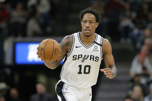 San Antonio Spurs forward DeMar DeRozan (10) during the second half of an NBA basketball game against the Orlando Magic in San Antonio, Saturday, Feb. 29, 2020. (AP Photo/Eric Gay)