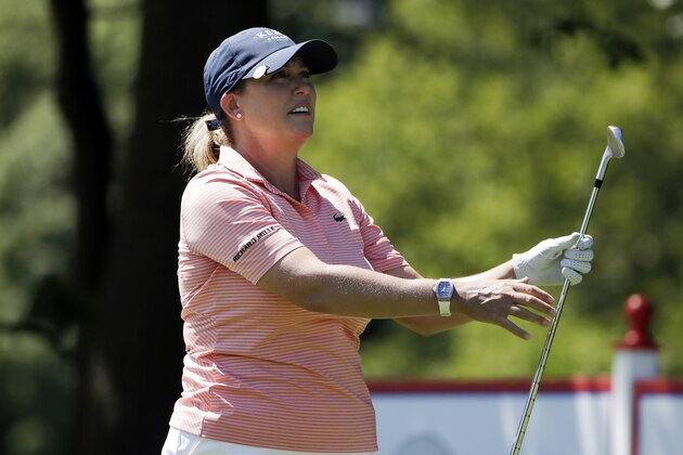 Cristie Kerr watches her tee shot on the second hole during the third round of the Marathon Classic LPGA golf tournament Saturday, Aug. 8, 2020, at the Highland Meadows Golf Club in Sylvania, Ohio. (AP Photo/Gene J. Puskar)