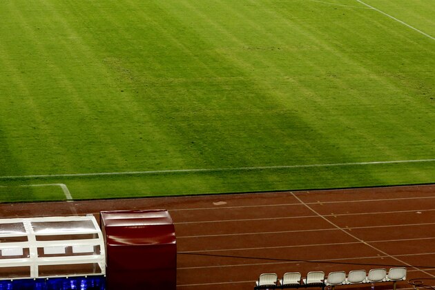 FILE - In this Friday, June 12, 2015 file photo, the pitch appears to show the pattern of a swastika, following the Euro 2016 Group H qualifying soccer match between Croatia and Italy, in Split, Croatia. UEFA has rejected Friday, Sept. 18, 2015 Croatia’s appeal against the one-point deduction in its European Championship qualifying group after a swastika was painted on the field before a match against Italy. Croatia must also play its next two home qualifiers in an empty stadium. It hosts Bulgaria in October. The Croatian football federation must also pay a 100,000 euro ($110,000) fine. (AP Photo/Darko Bandic, File)