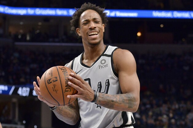 San Antonio Spurs guard DeMar DeRozan reacts in the first half of an NBA basketball game against the Memphis Grizzlies Friday, Jan. 10, 2020, in Memphis, Tenn. (AP Photo/Brandon Dill)
