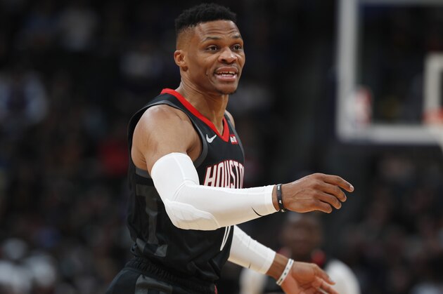 Houston Rockets guard Russell Westbrook (0) in the second half of an NBA basketball game Sunday, Jan. 26, 2020, in Denver. The Nuggets won 117-110. (AP Photo/David Zalubowski)