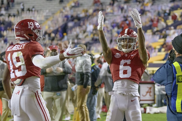 Alabama wide receiver DeVonta Smith (6) blows kisses to the stands after a touchdown during the first half of an NCAA college football game against LSU in Baton Rouge, La., Saturday, Dec. 5, 2020. (AP Photo/Matthew Hinton) Alabama wide receiver DeVonta Smith (6) blows kisses to the stands after a touchdown during the first half of an NCAA college football game against LSU in Baton Rouge, La., Saturday, Dec. 5, 2020. (AP Photo/Matthew Hinton)