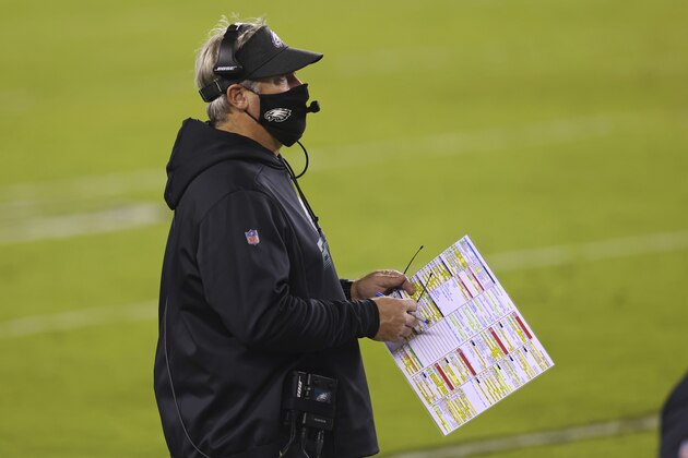 Philadelphia Eagles' head coach Doug Pederson during an NFL football game against the Seattle Seahawks, Monday, Nov. 30, 2020, in Philadelphia. The Seahawks defeated the Eagles (AP Photo/Rich Schultz)