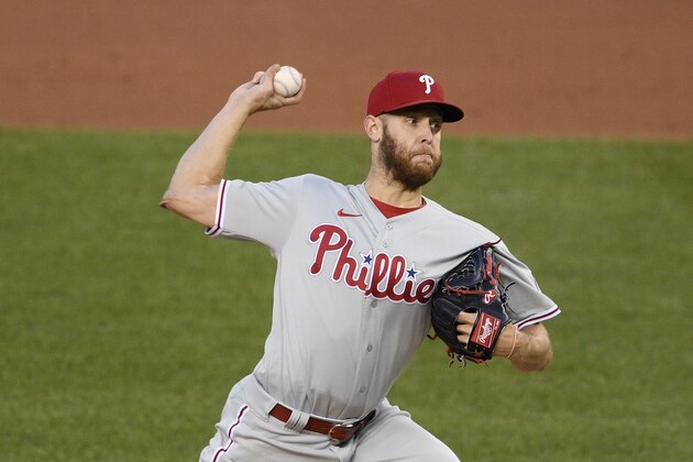 Philadelphia Phillies starting pitcher Zack Wheeler delivers a pitch during a baseball game against the Washington Nationals, Monday, Sept. 21, 2020, in Washington. (AP Photo/Nick Wass)