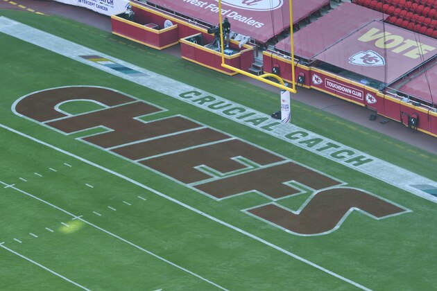 Crucial Catch logos were painted in the end zones for an NFL football game between the Kansas City Chiefs and the Las Vegas Raiders, Sunday, Oct. 11, 2020, in Kansas City, Mo. (AP Photo/Reed Hoffmann)